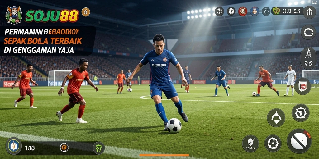 Tampilan gameplay SOJU88 saat pertandingan sepak bola berlangsung.